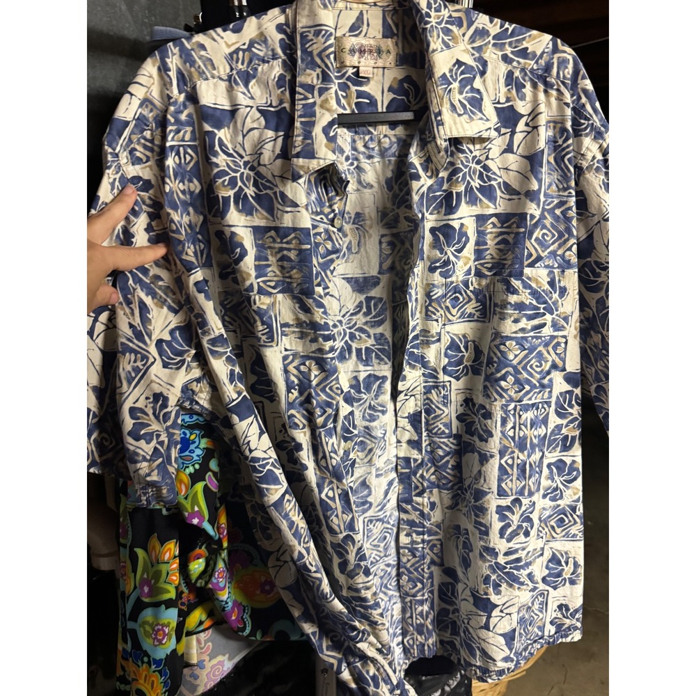 Campia Moda Mens XL Blue White Tropical Batik Floral Button Down Shirt SS